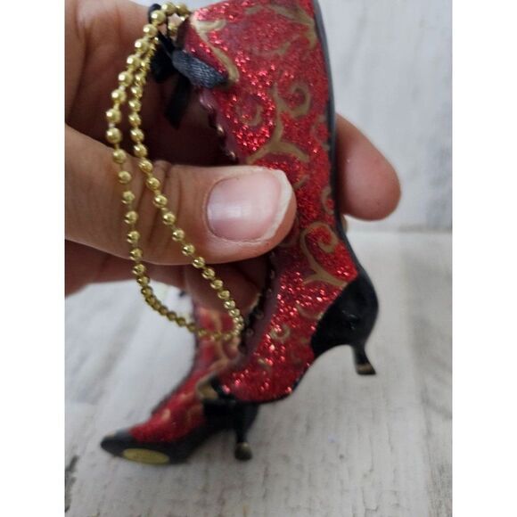 Vintage red glitter boot stiletto shoe ornament set Xmas tree gold set - Picture 4 of 7